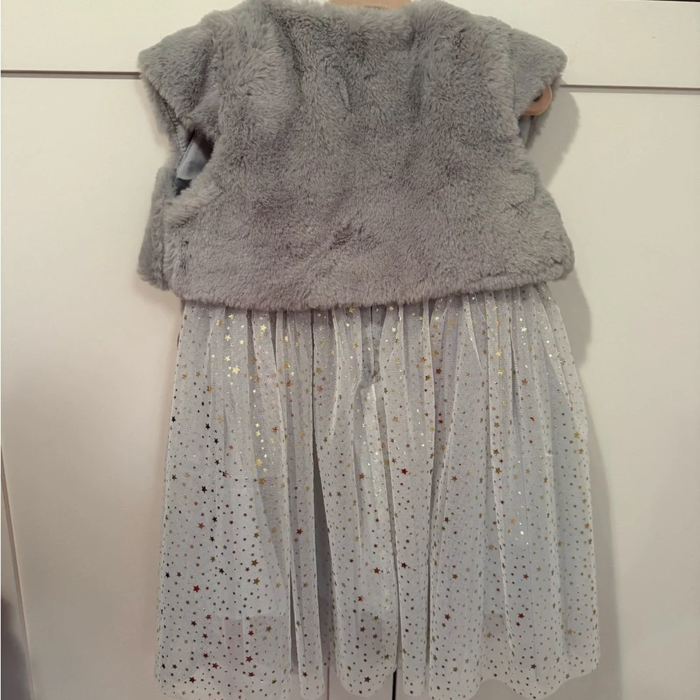 Popatu Starry Blue Dress with metallic stars and removable faux fur grey vest